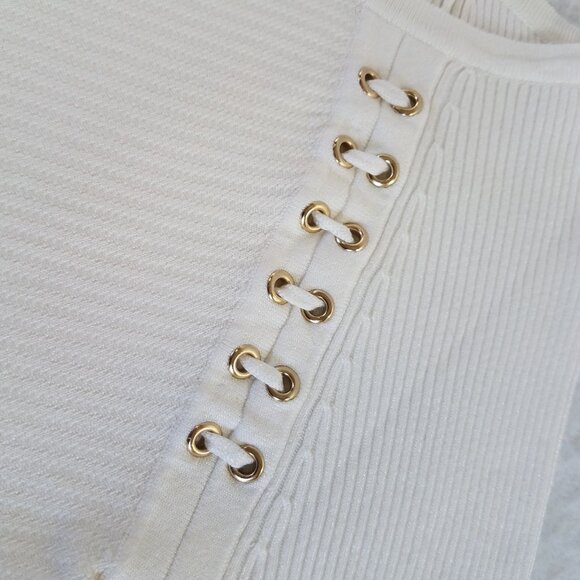 INC Ivory Ribbed Sweater Lace Up Eyelet Detail MEDIUM Long Sleeve Stretch - Picture 7 of 11